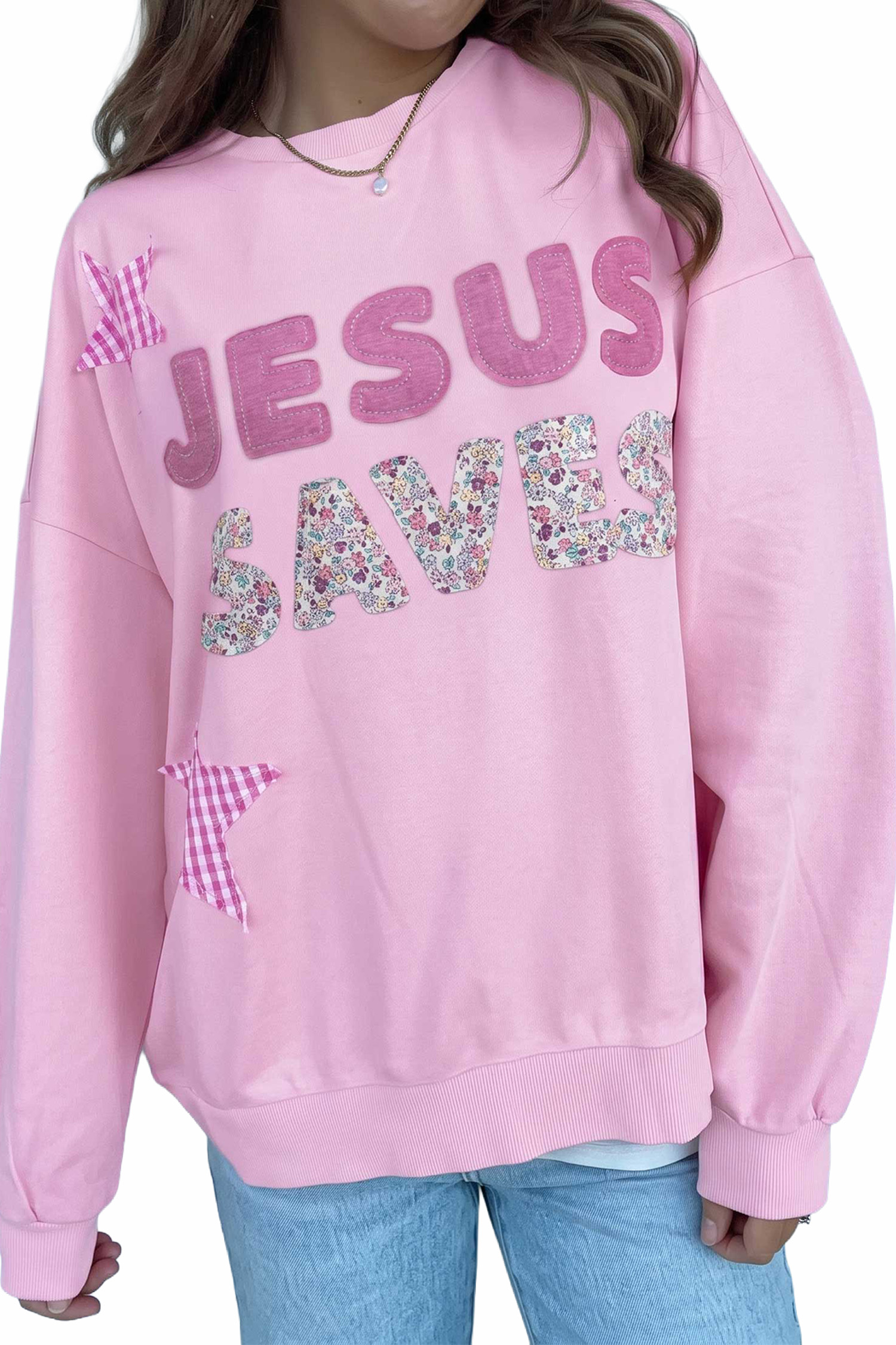Pink Patchwork Stars Plaid Unique Floral Letters Baggy Sweatshirt - Image 12